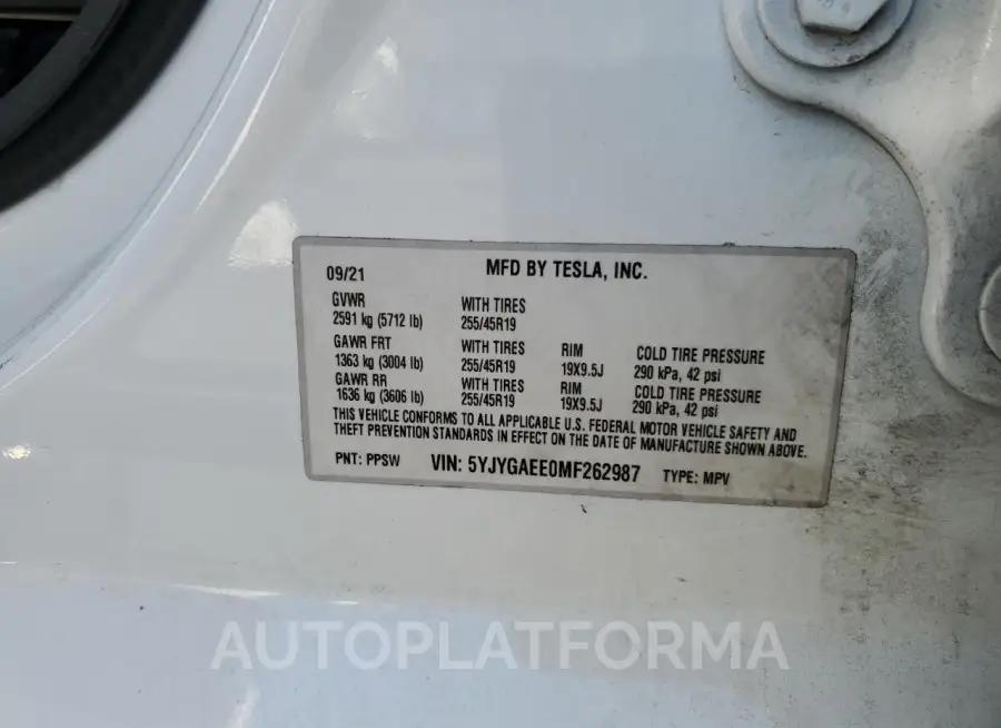 TESLA MODEL Y 2021 vin 5YJYGAEE0MF262987 from auto auction Copart