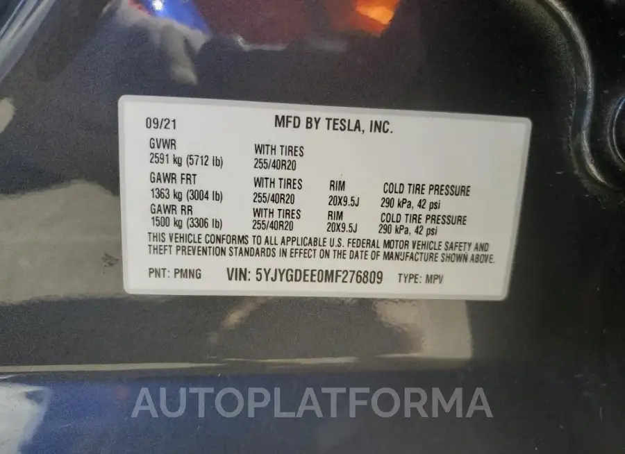 TESLA MODEL Y 2021 vin 5YJYGDEE0MF276809 from auto auction Copart