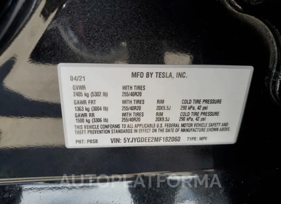 TESLA MODEL Y 2021 vin 5YJYGDEE2MF182060 from auto auction Copart