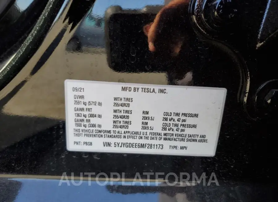 TESLA MODEL Y 2021 vin 5YJYGDEE6MF281173 from auto auction Copart