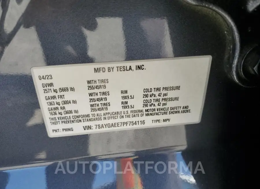 TESLA MODEL Y 2023 vin 7SAYGAEE7PF754116 from auto auction Copart