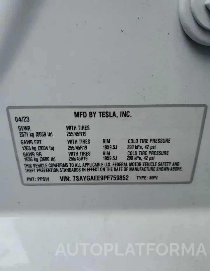 TESLA MODEL Y 2023 vin 7SAYGAEE9PF759852 from auto auction Copart