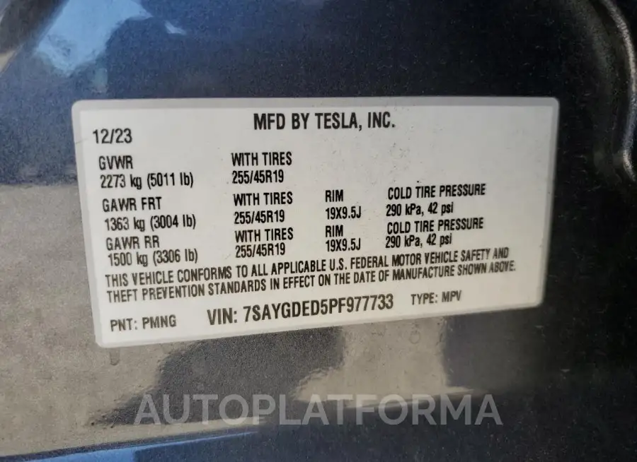 TESLA MODEL Y 2023 vin 7SAYGDED5PF977733 from auto auction Copart