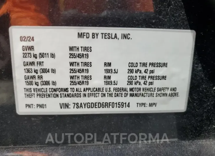 TESLA MODEL Y 2024 vin 7SAYGDED6RF015914 from auto auction Copart