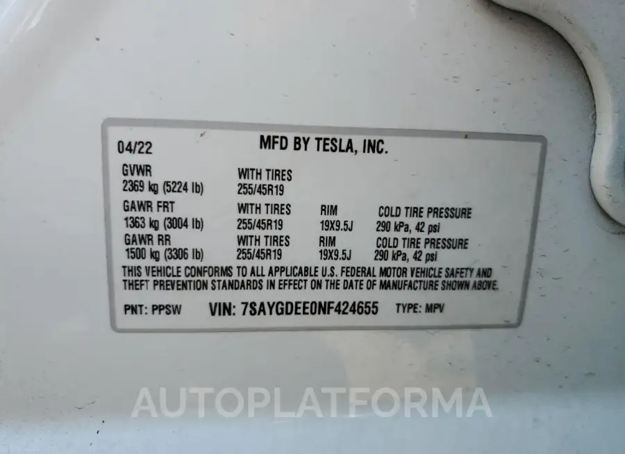 TESLA MODEL Y 2022 vin 7SAYGDEE0NF424655 from auto auction Copart