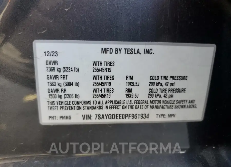 TESLA MODEL Y 2023 vin 7SAYGDEE0PF961934 from auto auction Copart