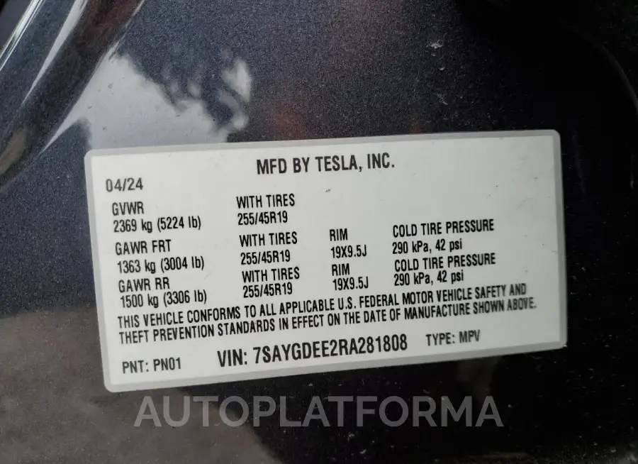 TESLA MODEL Y 2024 vin 7SAYGDEE2RA281808 from auto auction Copart