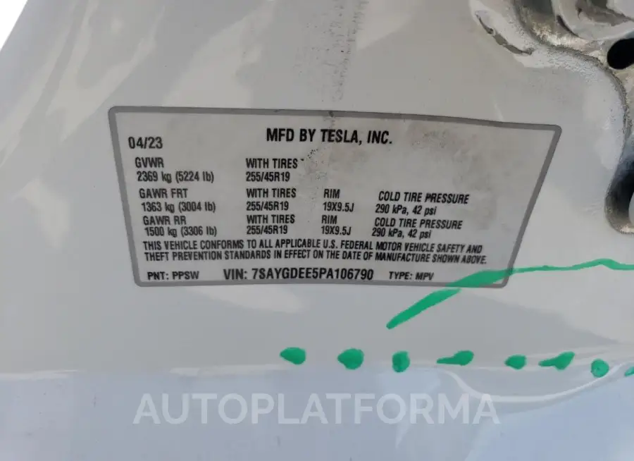 TESLA MODEL Y 2023 vin 7SAYGDEE5PA106790 from auto auction Copart