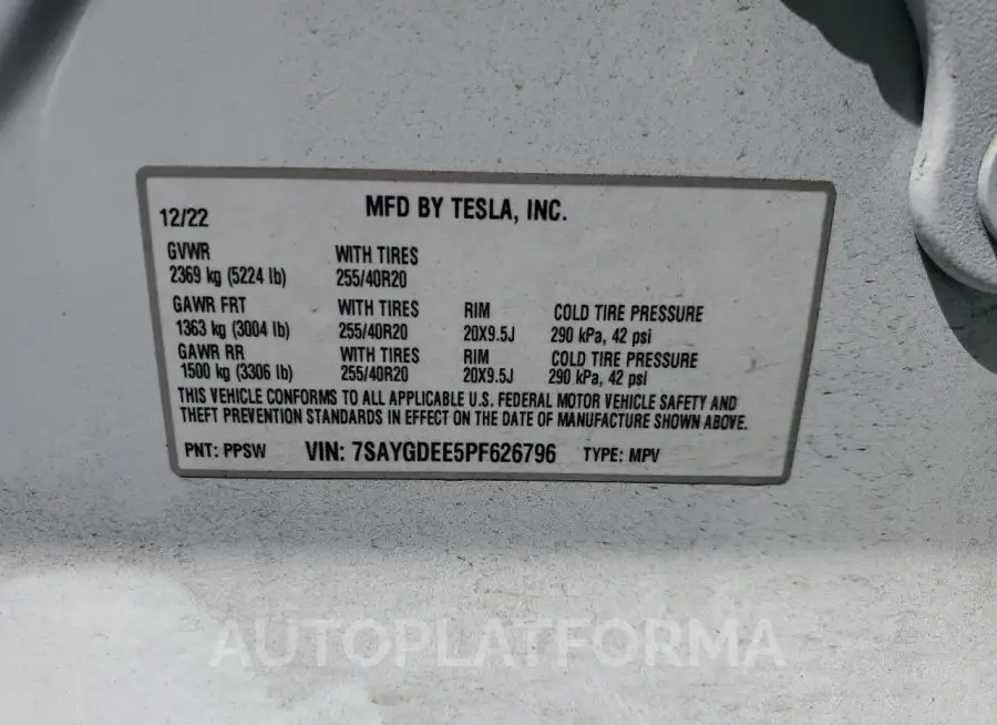 TESLA MODEL Y 2023 vin 7SAYGDEE5PF626796 from auto auction Copart