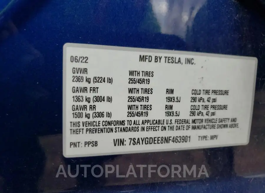 TESLA MODEL Y 2022 vin 7SAYGDEE8NF463901 from auto auction Copart