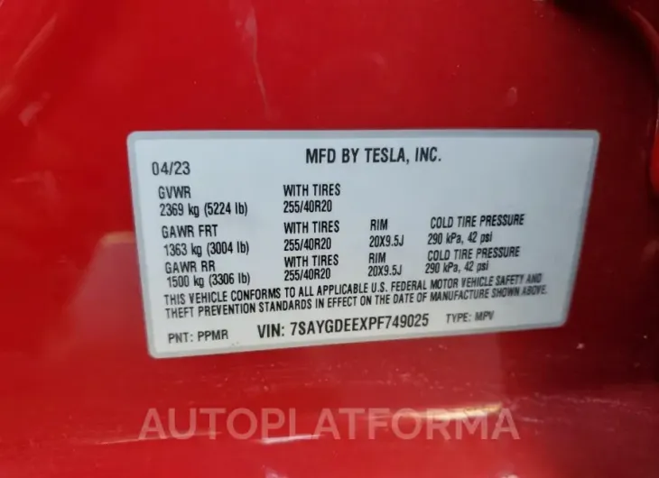 TESLA MODEL Y 2023 vin 7SAYGDEEXPF749025 from auto auction Copart