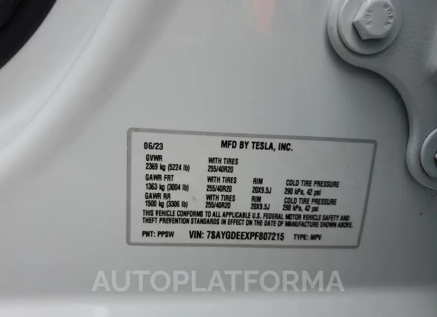 TESLA MODEL Y 2023 vin 7SAYGDEEXPF807215 from auto auction Copart