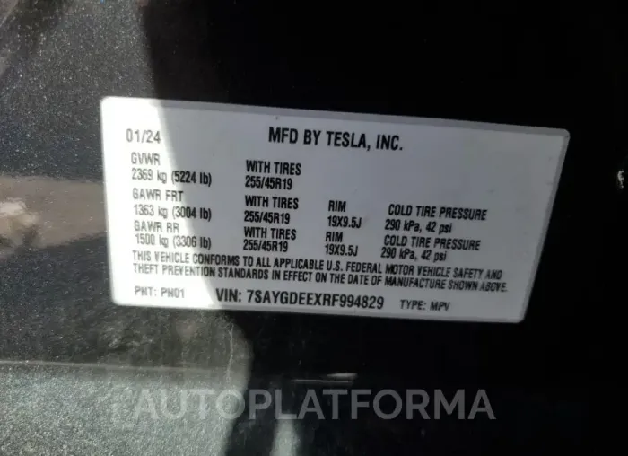 TESLA MODEL Y 2024 vin 7SAYGDEEXRF994829 from auto auction Copart