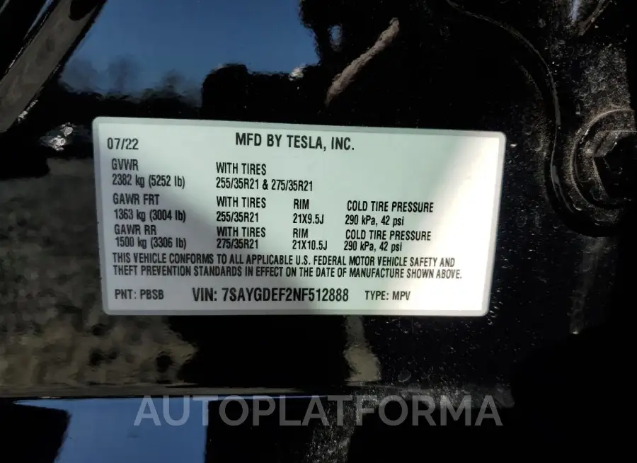 TESLA MODEL Y 2022 vin 7SAYGDEF2NF512888 from auto auction Copart