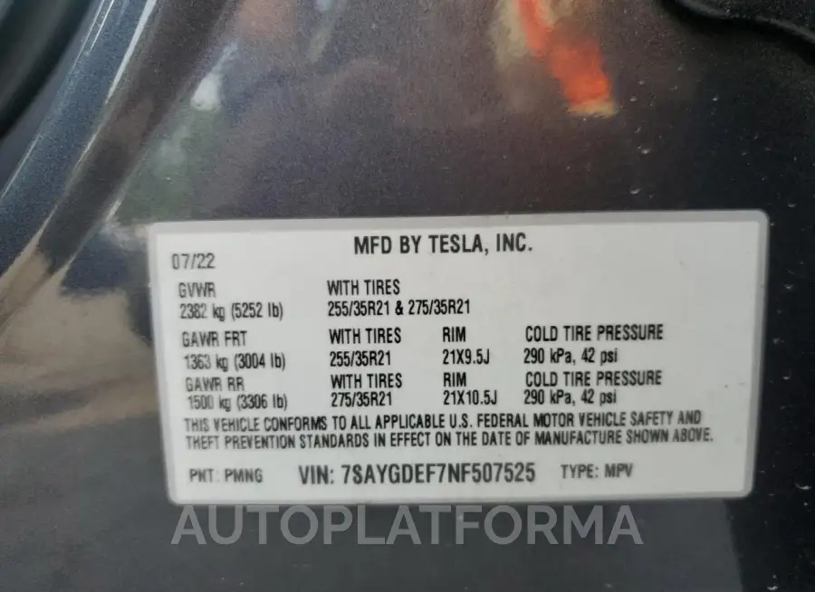 TESLA MODEL Y 2022 vin 7SAYGDEF7NF507525 from auto auction Copart