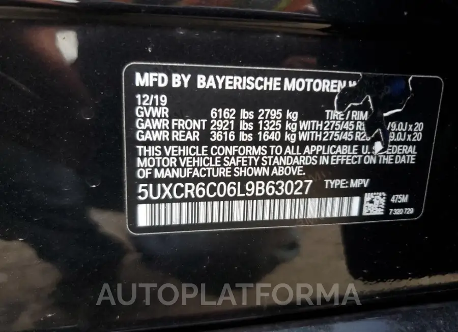 BMW X5 XDRIVE4 2020 vin 5UXCR6C06L9B63027 from auto auction Copart