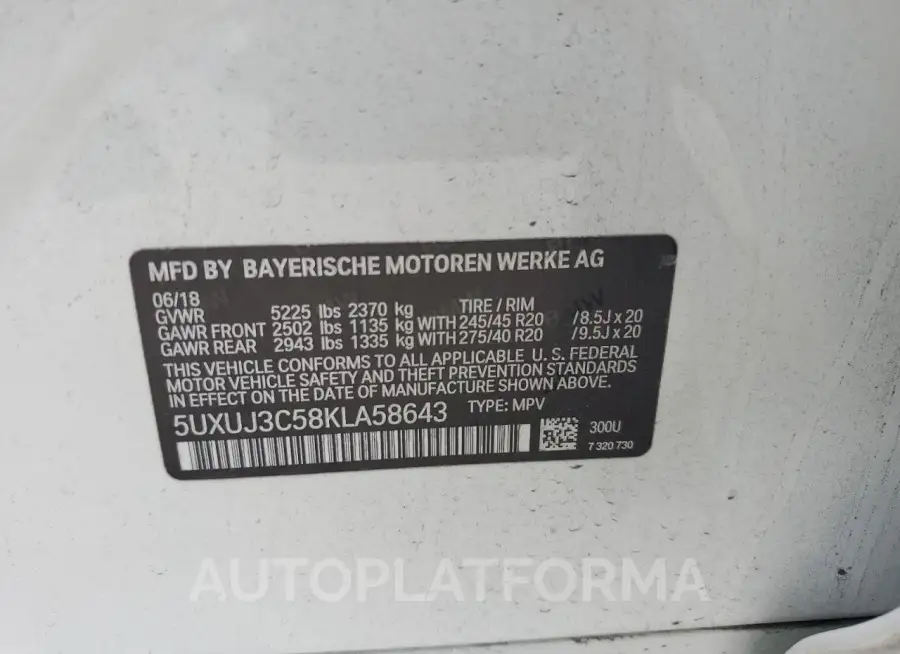 BMW X4 XDRIVE3 2019 vin 5UXUJ3C58KLA58643 from auto auction Copart