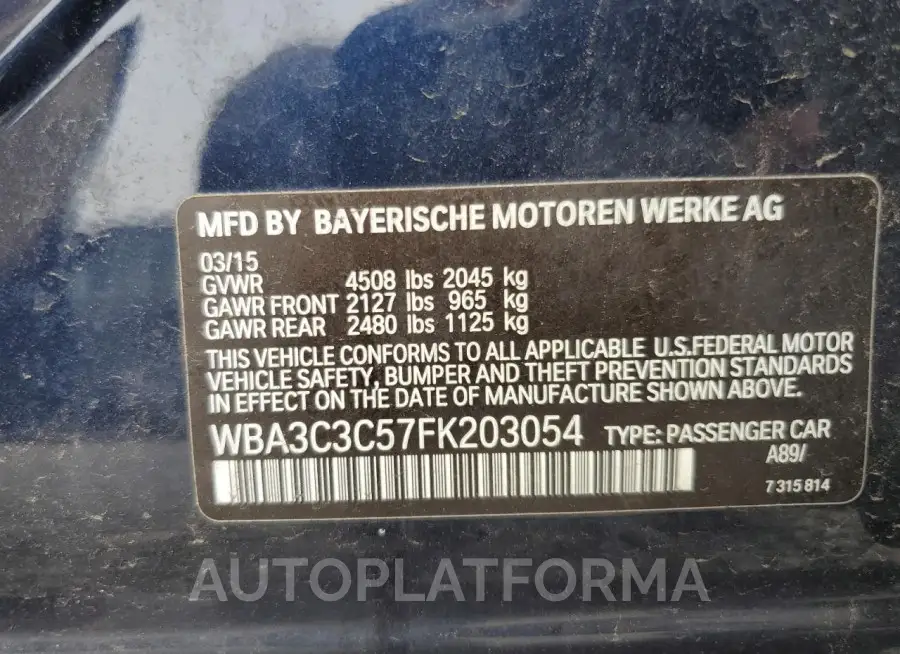 BMW 320 I XDRI 2015 vin WBA3C3C57FK203054 from auto auction Copart