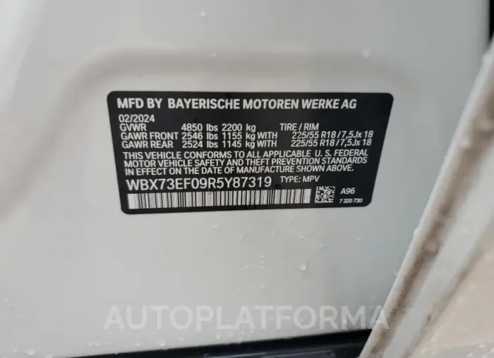 BMW X1 XDRIVE2 2024 vin WBX73EF09R5Y87319 from auto auction Copart