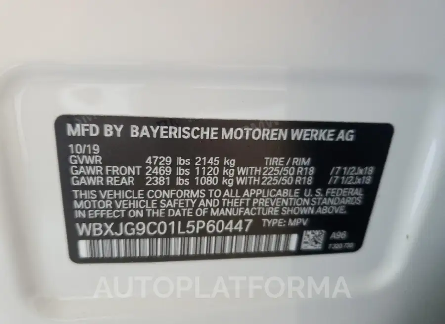 BMW X1 XDRIVE2 2020 vin WBXJG9C01L5P60447 from auto auction Copart