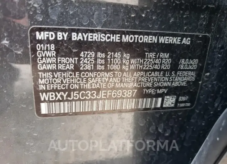 BMW X2 XDRIVE2 2018 vin WBXYJ5C33JEF69387 from auto auction Copart