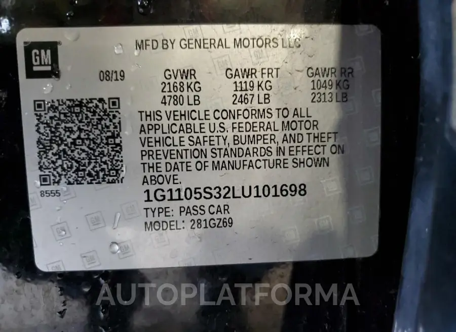 CHEVROLET IMPALA PRE 2020 vin 1G1105S32LU101698 from auto auction Copart