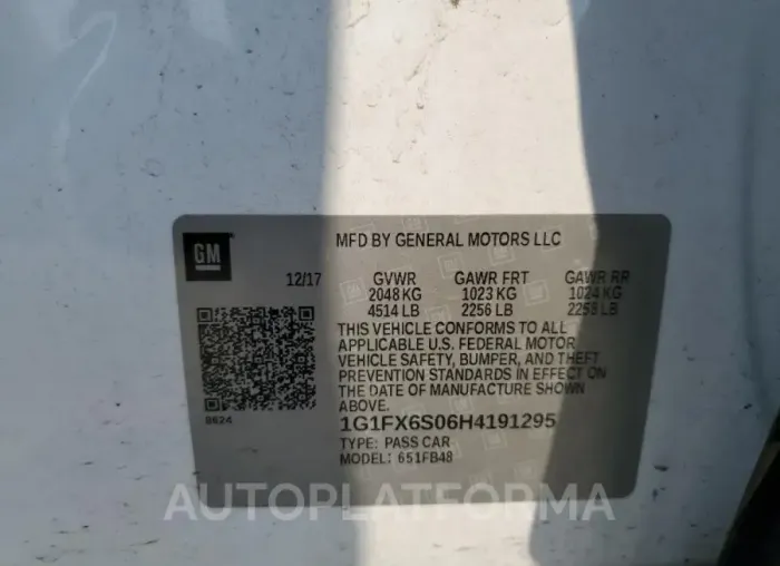 CHEVROLET BOLT EV PR 2017 vin 1G1FX6S06H4191295 from auto auction Copart