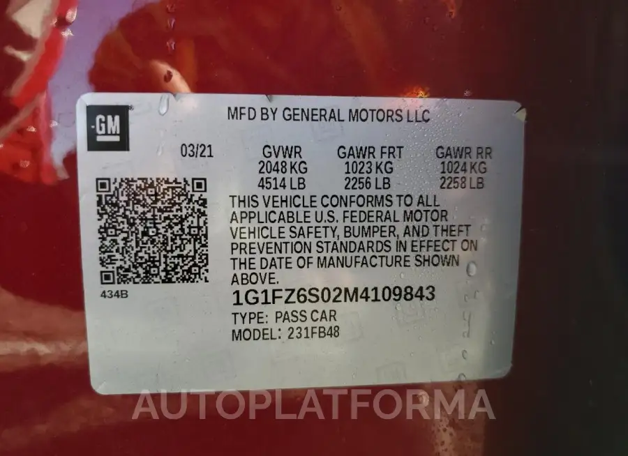 CHEVROLET BOLT EV PR 2021 vin 1G1FZ6S02M4109843 from auto auction Copart