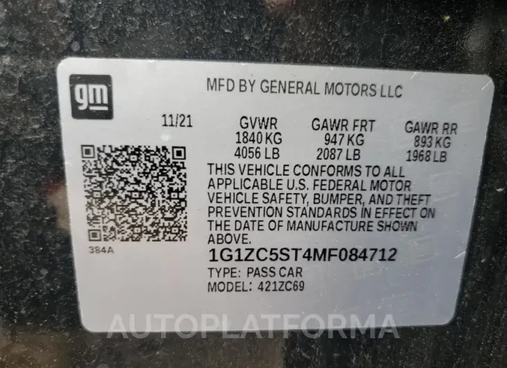 CHEVROLET MALIBU LS 2021 vin 1G1ZC5ST4MF084712 from auto auction Copart