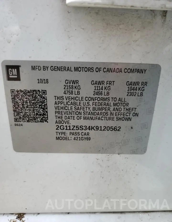 CHEVROLET IMPALA LT 2019 vin 2G11Z5S34K9120562 from auto auction Copart