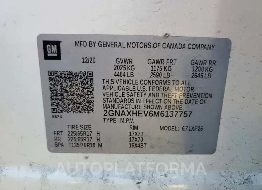 CHEVROLET EQUINOX LS 2021 vin 2GNAXHEV6M6137757 from auto auction Copart