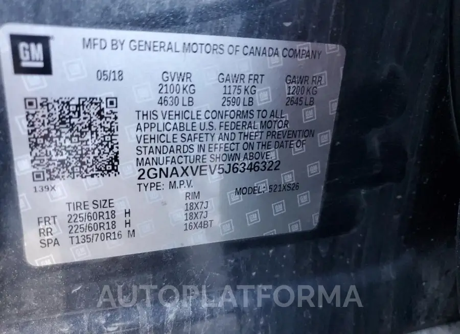 CHEVROLET EQUINOX PR 2018 vin 2GNAXVEV5J6346322 from auto auction Copart