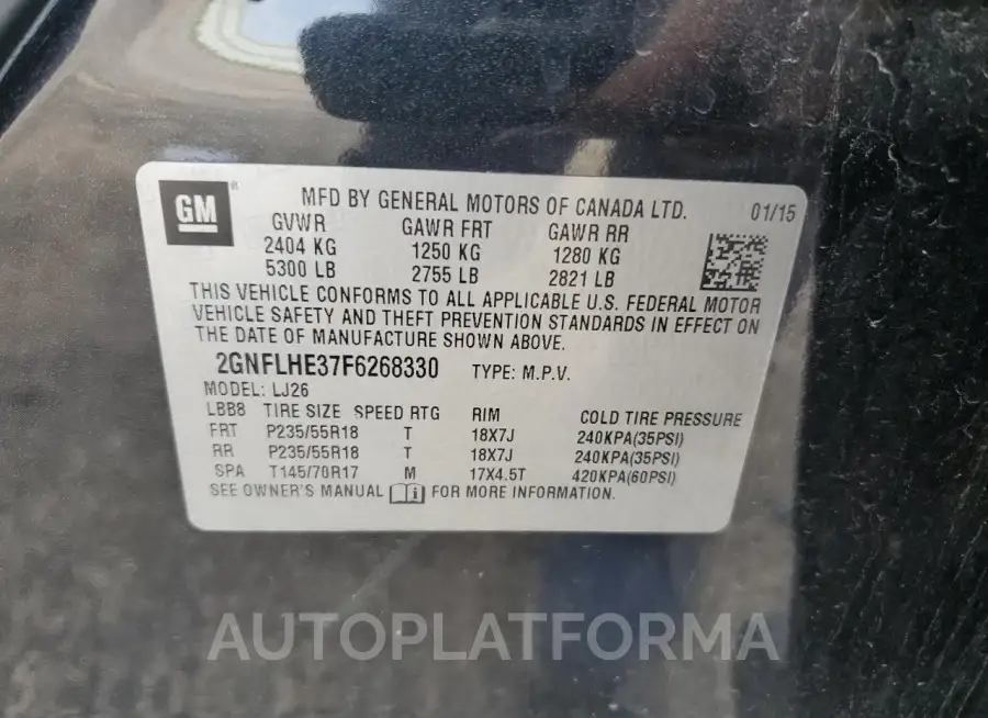 CHEVROLET EQUINOX LT 2015 vin 2GNFLHE37F6268330 from auto auction Copart