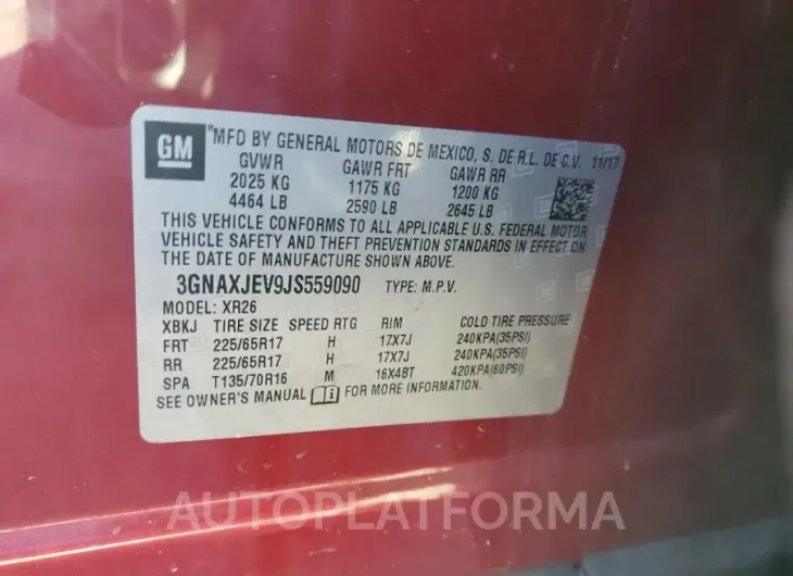 CHEVROLET EQUINOX LT 2018 vin 3GNAXJEV9JS559090 from auto auction Copart