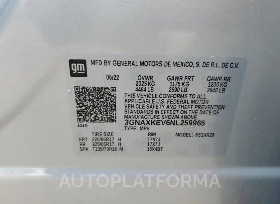 CHEVROLET EQUINOX LT 2022 vin 3GNAXKEV6NL259965 from auto auction Copart