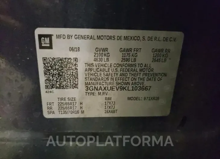 CHEVROLET EQUINOX LT 2019 vin 3GNAXUEV9KL103667 from auto auction Copart