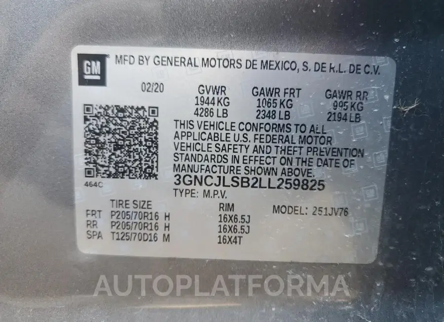 CHEVROLET TRAX 1LT 2020 vin 3GNCJLSB2LL259825 from auto auction Copart