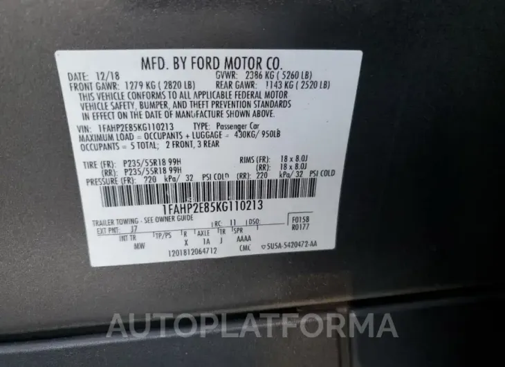 FORD TAURUS SEL 2019 vin 1FAHP2E85KG110213 from auto auction Copart