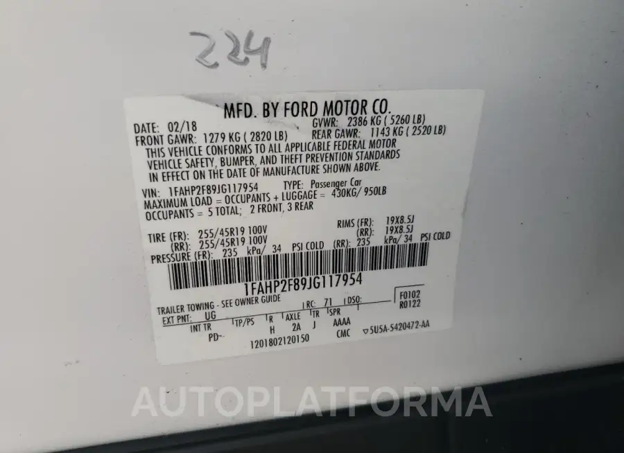 FORD TAURUS LIM 2018 vin 1FAHP2F89JG117954 from auto auction Copart