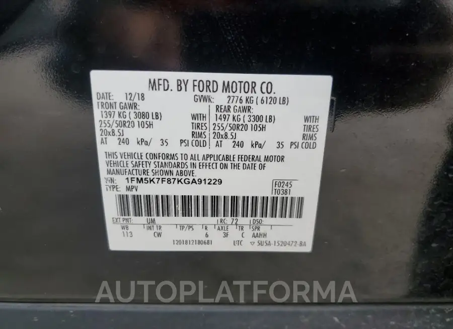 FORD EXPLORER L 2019 vin 1FM5K7F87KGA91229 from auto auction Copart