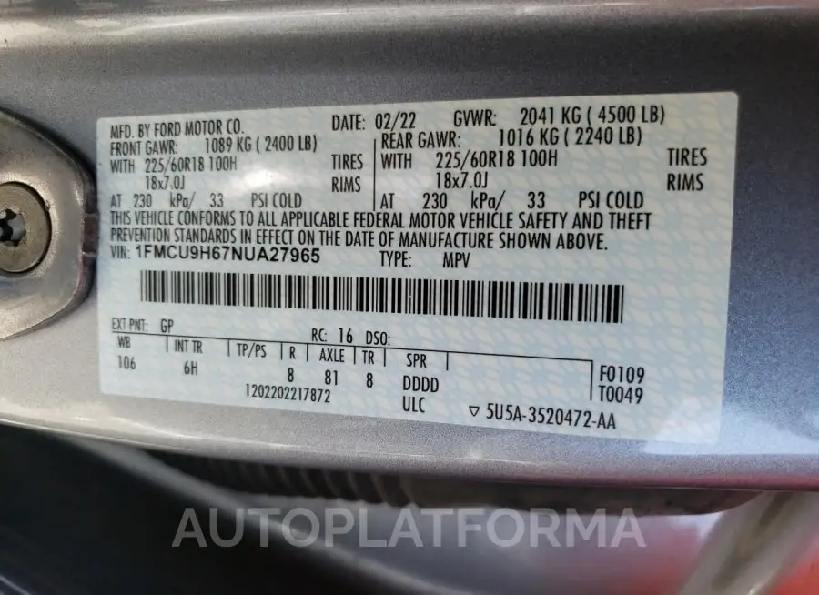 FORD ESCAPE SEL 2022 vin 1FMCU9H67NUA27965 from auto auction Copart