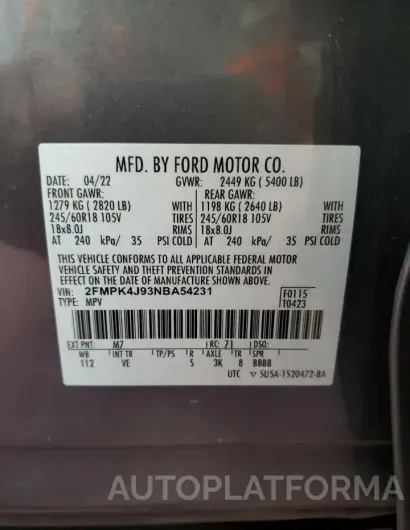 FORD EDGE SEL 2022 vin 2FMPK4J93NBA54231 from auto auction Copart