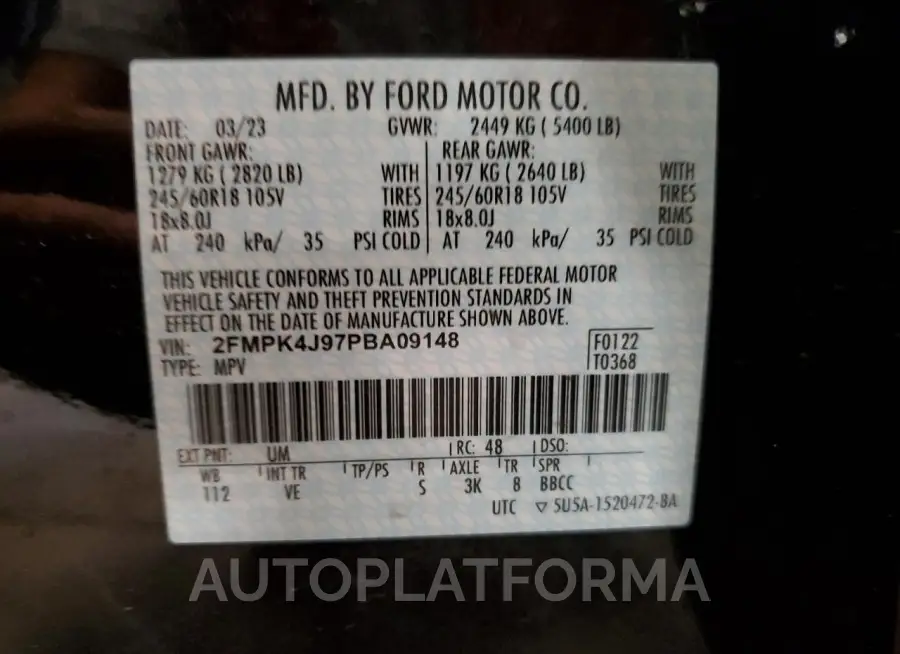 FORD EDGE SEL 2023 vin 2FMPK4J97PBA09148 from auto auction Copart