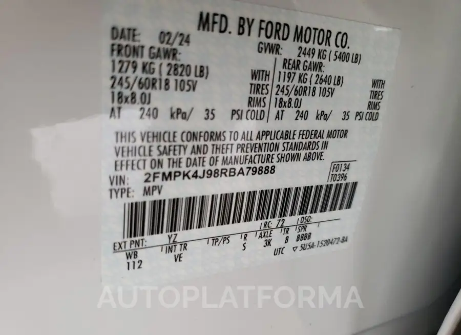 FORD EDGE SEL 2024 vin 2FMPK4J98RBA79888 from auto auction Copart