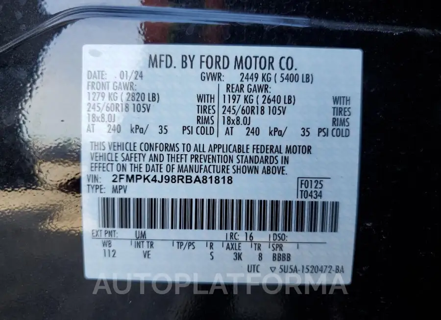 FORD EDGE SEL 2024 vin 2FMPK4J98RBA81818 from auto auction Copart