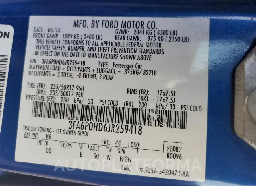 FORD FUSION SE 2018 vin 3FA6P0HD6JR259418 from auto auction Copart