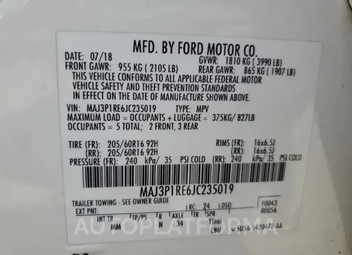 FORD ECOSPORT S 2018 vin MAJ3P1RE6JC235019 from auto auction Copart