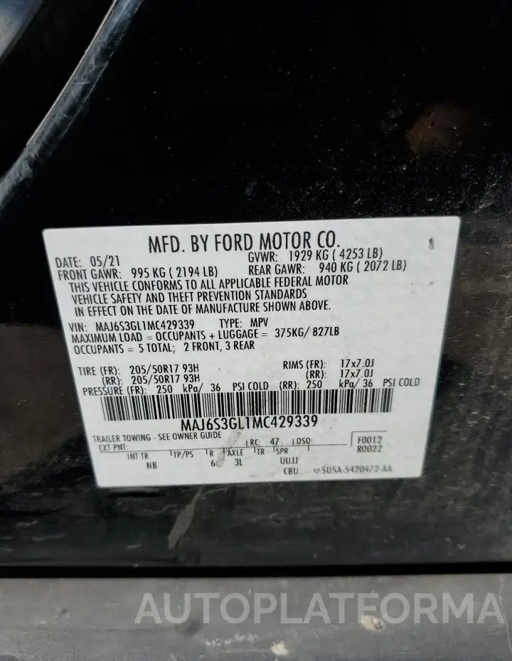 FORD ECOSPORT S 2021 vin MAJ6S3GL1MC429339 from auto auction Copart