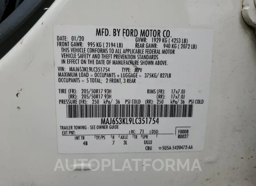 FORD ECOSPORT T 2020 vin MAJ6S3KL9LC351754 from auto auction Copart