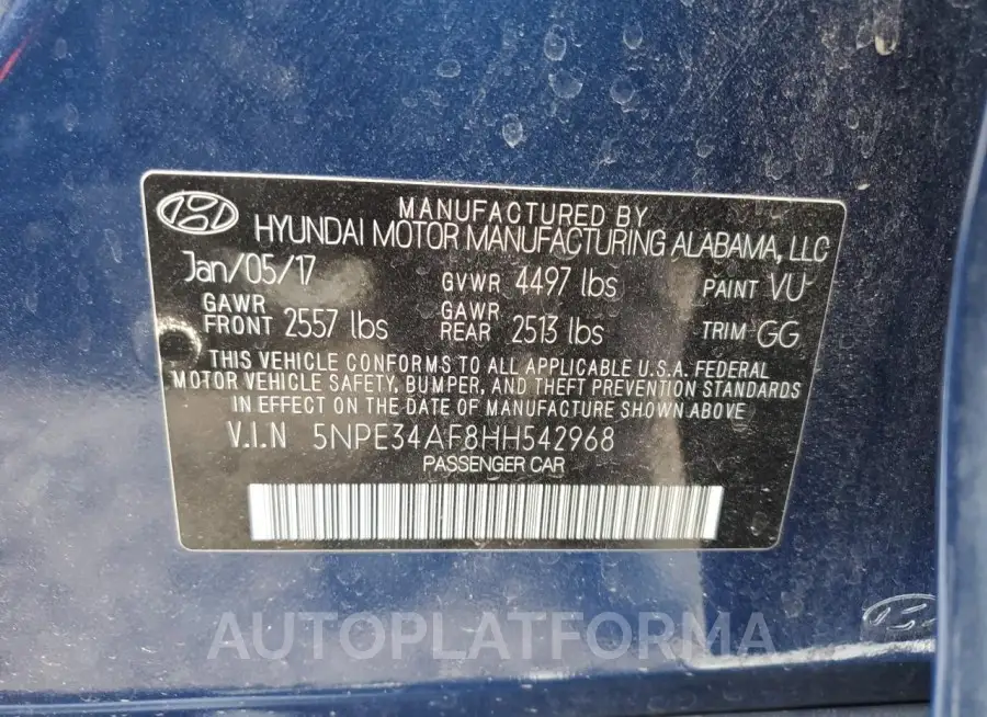 HYUNDAI SONATA SPO 2017 vin 5NPE34AF8HH542968 from auto auction Copart